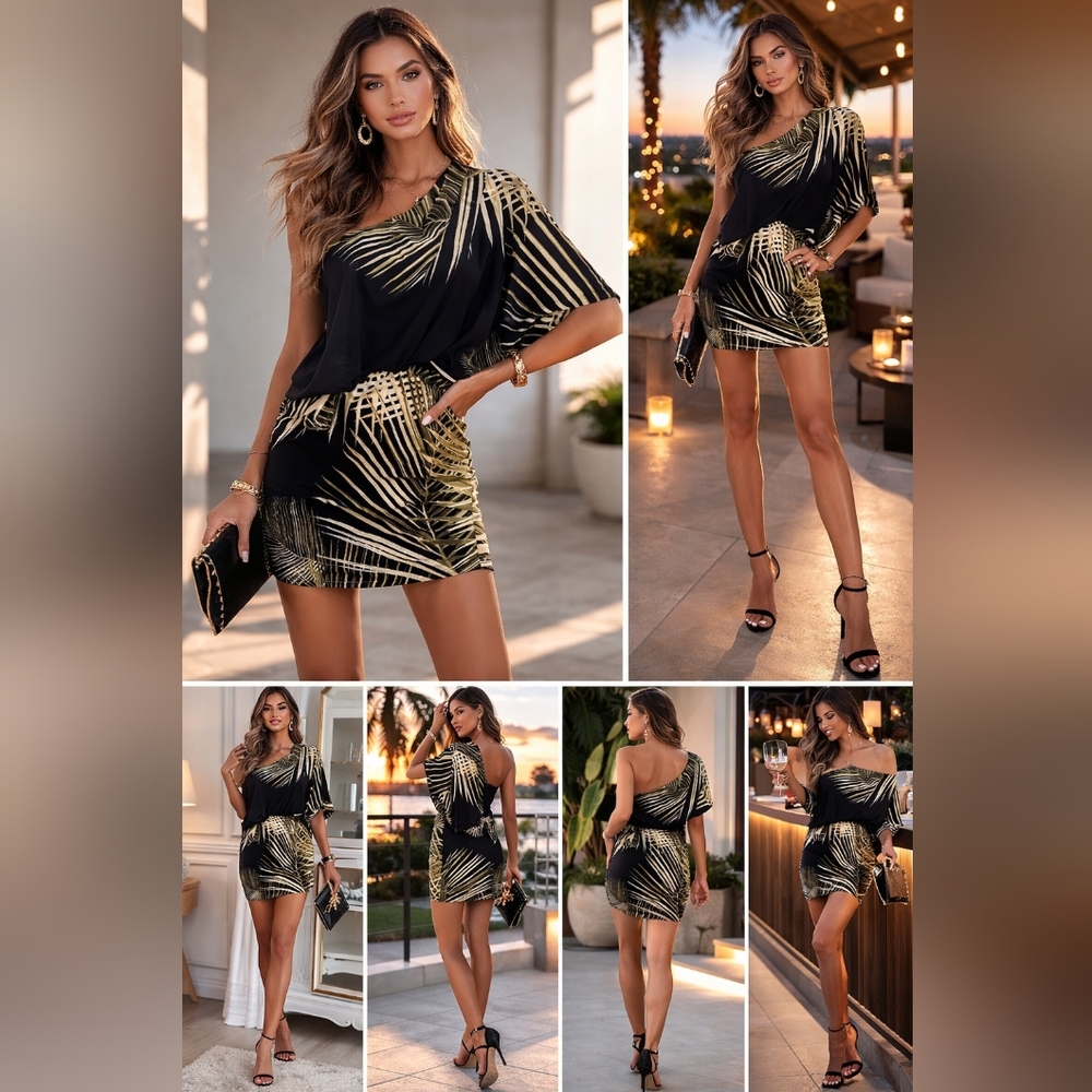 Jessica Simpson Black and Gold One-Shoulder Mini Dress